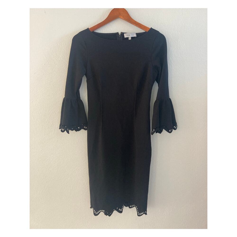 Rickie Freeman Teri Jon Bell Flare Sleeve Bodycon Laser Black Cocktail Dress 2